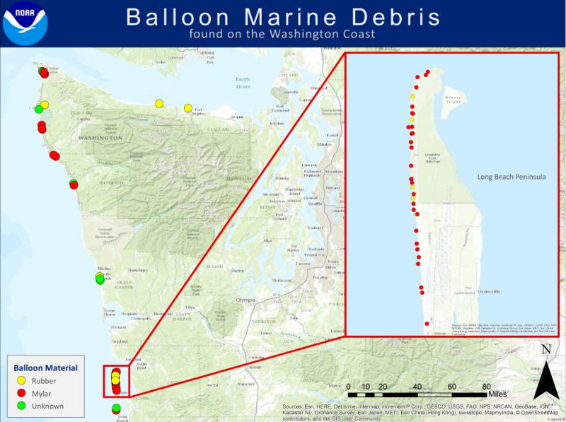 A map depicting balloon marine debris reported to the Marine Debris Program.