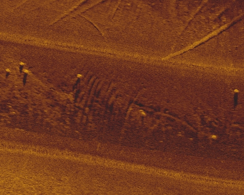Crab pots on the bay floor visible in an acoustic map image.