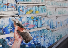 Plastic bottles on a store shelf, with the ocean full of fish inside them. One being held is full of cloudy and polluted water.