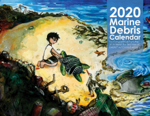 A drawing of a boy on a beach littered with marine debris. He is removing a net from a sea turtle.