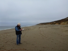 Man stands on a beach recording data on a clipboard.