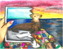 Child's artwork of a seal on a rock with marine debris while someone holds up a photo of a seal on a clean beach.