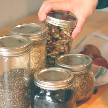Glass jars filled with dry good. 