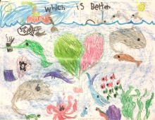 A child's drawing with the words "which is better" showing one side with pollution and debris and the other clean.