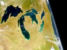 A satellite image map of the Great Lakes from space.