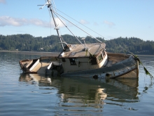Ab abandoned vessel partly submerged in water.