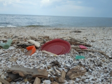 A plastic bottle cap and other consumer debris on a beach.