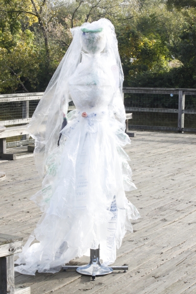 Creepy wedding dress made of plastic bags.