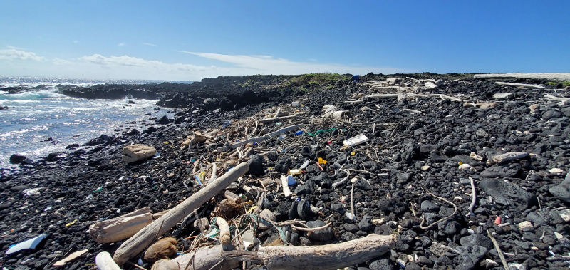 Debris, including rope, plastic bottles, and various pieces of plastic, are strewn across a rocky coastline.