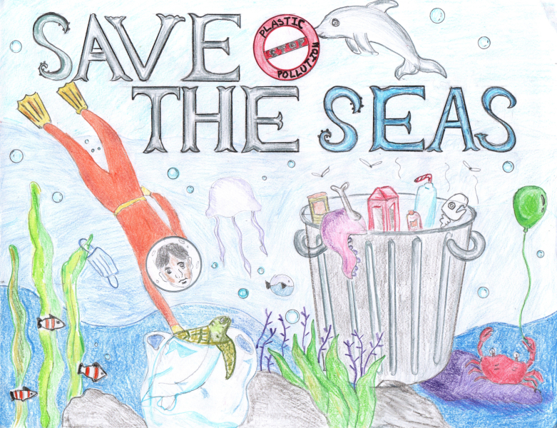 A diver frees a turtle from a plastic bag beside a trash can full of debris items, under text reading "Save the Seas," artwork by Jaemyn L. (Grade 6, Pennsylvania), winner of the NOAA Marine Debris Program Art Contest.