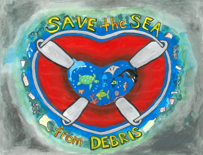 Child's artwork of a heart-shaped life ring with the words "Save the Sea from Debris."