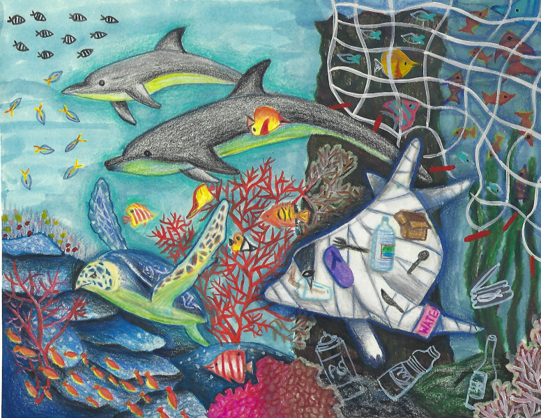 Artwork of sea creatures swimming through a coral reef away from a derelict net, accompanied by a dolphin filled with marine debris.