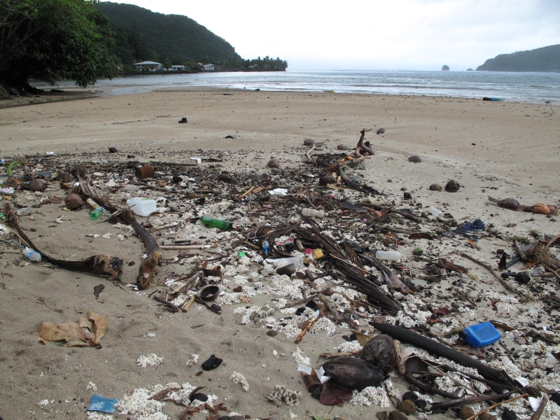 Marine debris on a beach in American Samoa