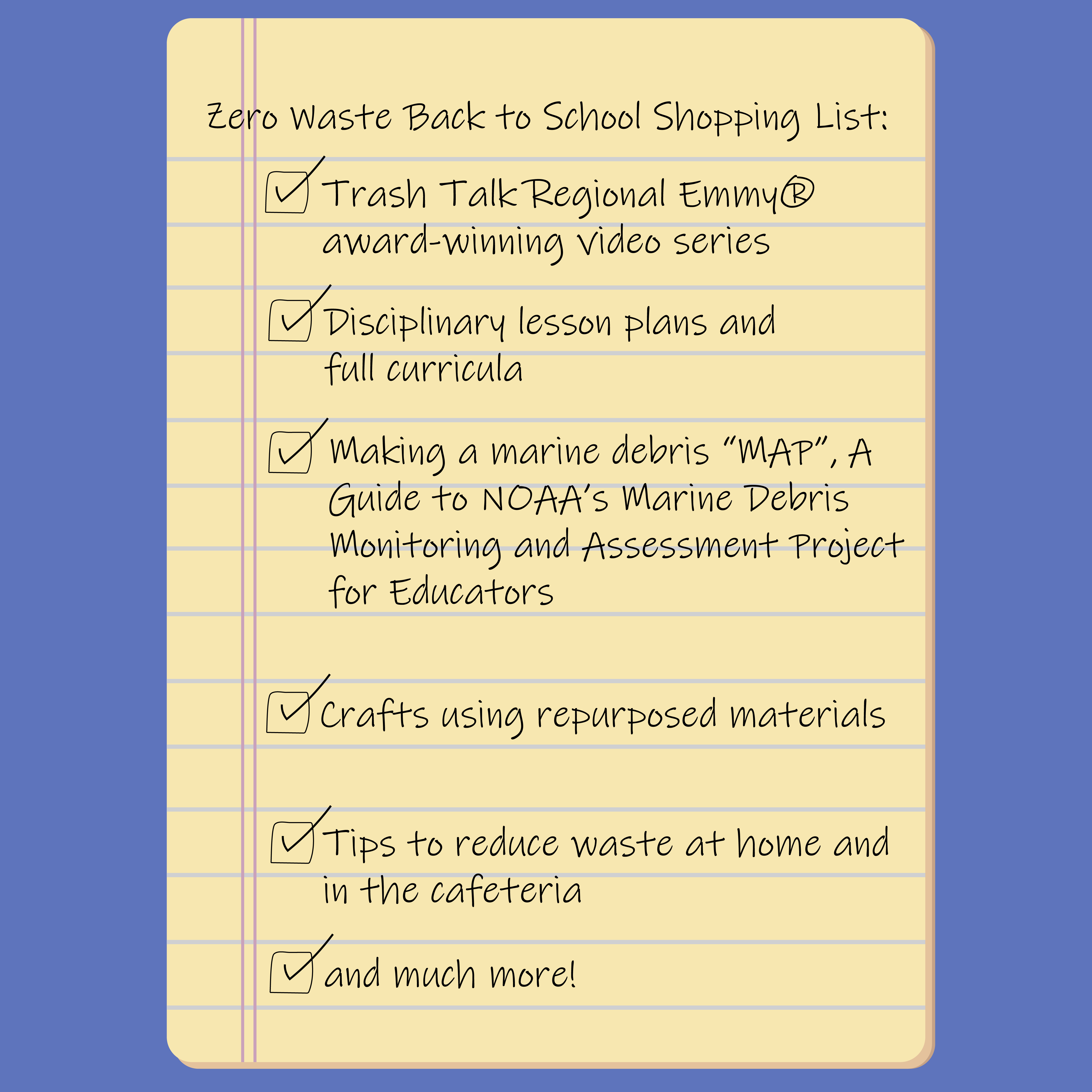 An infographic that portrays a shopping list and features some of the zero waste back to school materials available online by the NOAA Marine Debris Program.