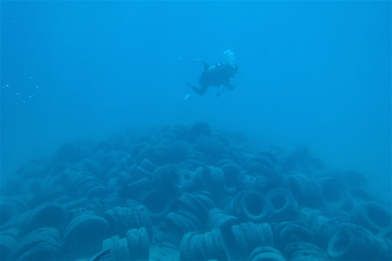 A SCUBA diver swims over the more than 100 tires piled on the ocean floor.