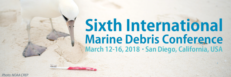 Banner that reads "Sixth International Marine Debris Conference" and a photo of a bird looking at a toothbrush on a beach.