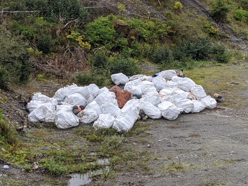 Debris staged for sorting and disposal on an Alaska beach shoreline.