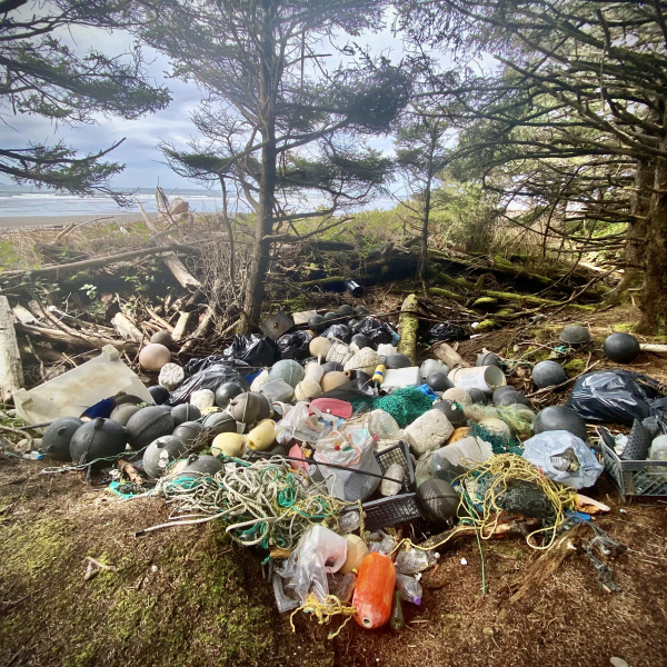A remote area full of collected marine debris. 