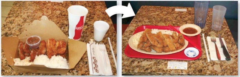 Two photos of the same meal, one using disposable and single-use items, and one that incorporates reusable items.