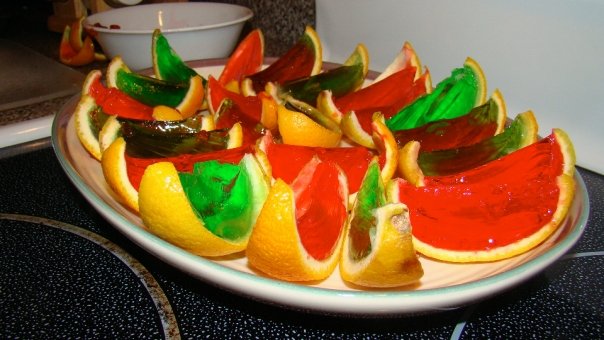 Orange peels repurposed as gelatin holders.  