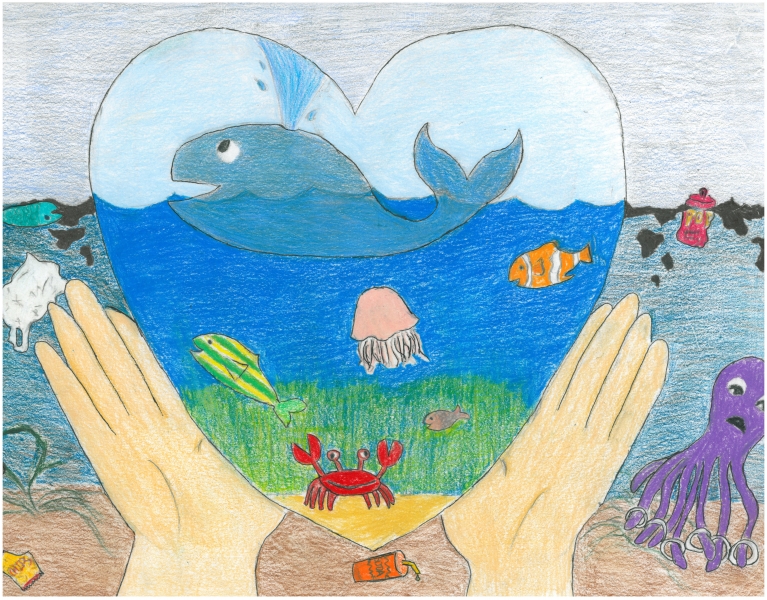 Child's artwork of hands holding a heart with a healthy ocean inside.