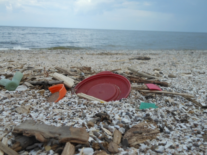 Plastic debris on a pebble beach in Ohio.
