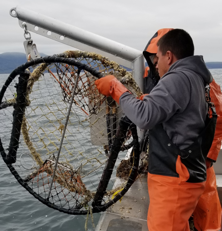 Two removal team members pull a derelict crab pot onboard a vessel. 