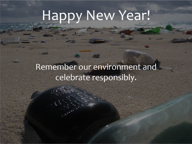 An image of glass bottles on a beach with the words "Happy New Year! Remember our environment and celebrate responsibly" on it.