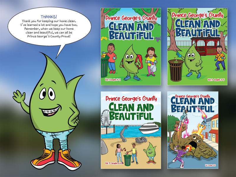 A cartoon sprout character and the four covers of a series called "Prince George's County Clean and Beautiful".