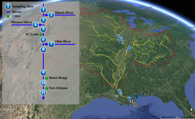 A map overview of all 11 sampling locations that range from Missouri to New Orleans.