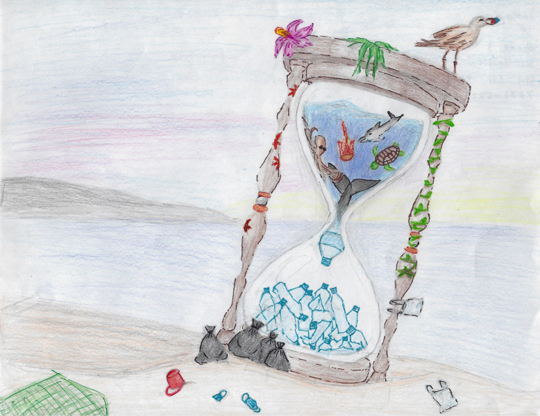 Artwork of an hourglass with sea creatures in the top half, becoming plastic bottles in the bottom half. 