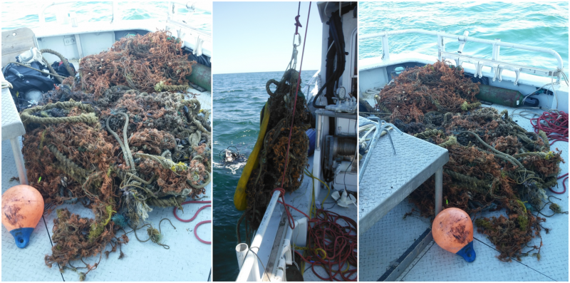 Pictures of derelict nets on a boat.