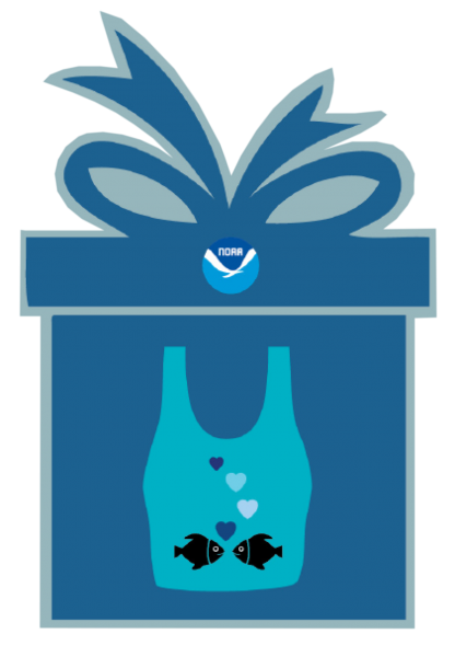 Graphic of a present with a reusable bag decorated with happy fish inside.