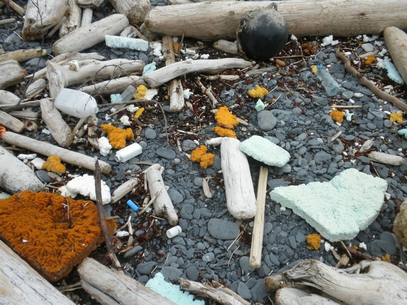 Pieces of fishing floats litter a rocky beach in Alaska. 