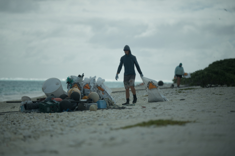 A marine debris removal team member removes debris along a shoreline.