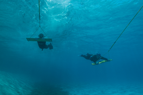 Divers are towed underwater to survey the vast reef area for marine debris.