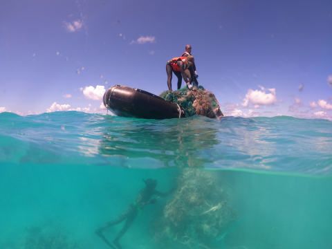 Marine debris removal team members work together above and below the water to remove a net.