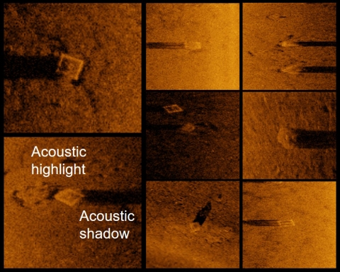 Eight images produced by side-scan sonar that reveal the shape and shadow of derelict crab pots on the bay floor.