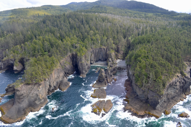 An aerial photo of jagged rock cliffs and caves on the shoreline.
