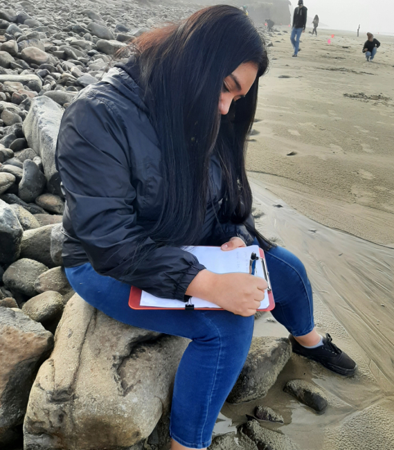 A teen girl with long black hair rests on a rock to complete an MDMAP survey coversheet.