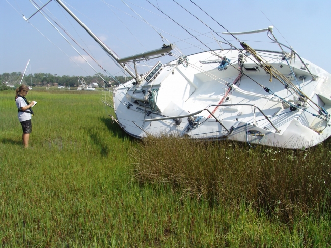 Vessel grounded in the marsh by hurricane Matthew in the Rachel Carson Reserve, near Beaufort, NC.