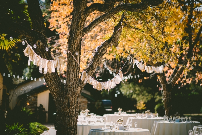 Fabric streamers and string lights on trees.  