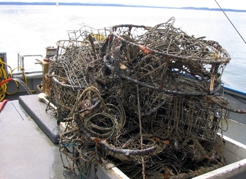 Derelict crab pots piled on a boat.