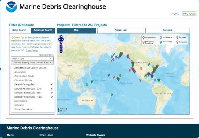 The homescreen of the Clearinghouse shows a map of the world on the right half of the screen. Dots represent the location of marine debris projects with a bulk of the dots marking the east and west coast of the United States. On the left side of the screen, users are able to filter the data to help narrow project searches. 