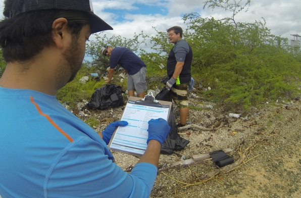 A volunteer writing on a clipboard with two volunteers behind him picking up trash.