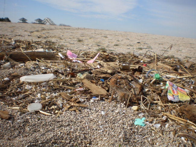 Consumer debris on a beach.