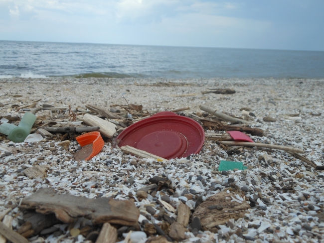 Plastic bottle caps and a shotgun shell on a beach.
