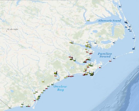 A map displaying abandoned and derelict vessel locations along the North Carolina coast.