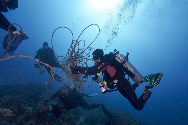 Divers remove rope from a reef.