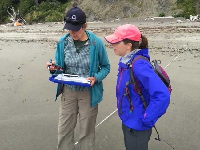 Two people looking at a camera and datasheet on a beach.